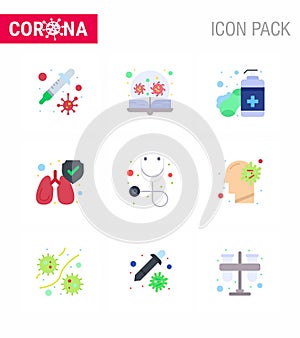 9 Flat Color viral Virus corona icon pack such as healthcare, clean, virus, lungs, hands care