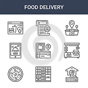 9 food delivery icons pack. trendy food delivery icons on white background. thin outline line icons such as order, food stand,