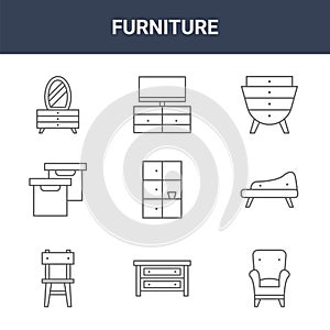 9 furniture icons pack. trendy furniture icons on white background. thin outline line icons such as armchair, sofa, tv table .