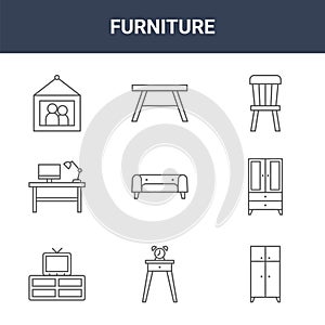 9 furniture icons pack. trendy furniture icons on white background. thin outline line icons such as wardrobe, sideboard, table .