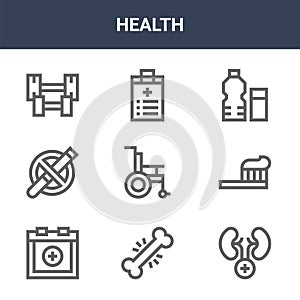 9 health icons pack. trendy health icons on white background. thin outline line icons such as kidney, toothbrush, medical history