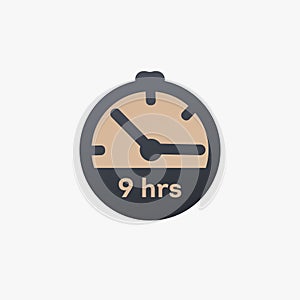 9 hours clock icon, Time Management Icon, 9 hours stopwatch icon countdown time stop chronometer. Stock vector