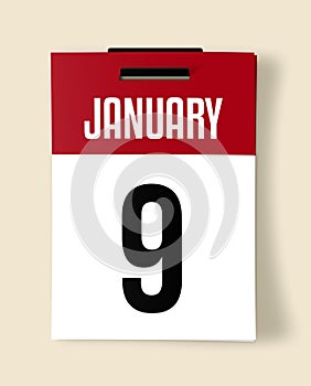 9 January Calendar Date, a Realistic calendar sheet hanging on a wall