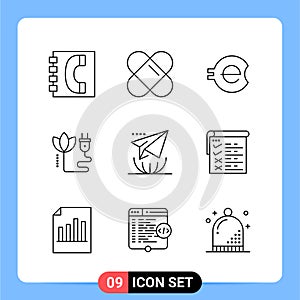 9 Line Black Icon Pack Outline Symbols for Mobile Apps isolated on white background. 9 Icons Set