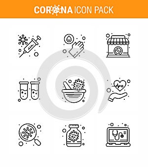 9 Line Coronavirus disease and prevention vector icon  pharmacy bowl, medicine, shop, lab, blood test