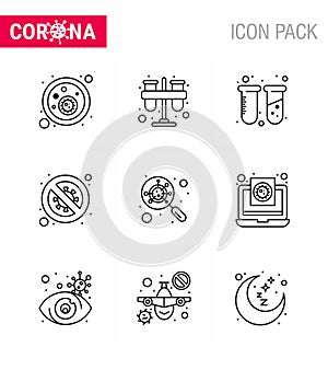 9 Line coronavirus epidemic icon pack suck as  scientist, forbidden, tubes, diagnosis, lab