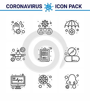 9 Line Set of corona virus epidemic icons. such as  health, warning, virus, travel, plane