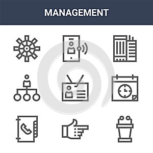 9 management icons pack. trendy management icons on white background. thin outline line icons such as tribune, calendar,