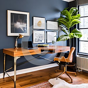 9 A mid-century modern home office with a vintage desk, Eames chair, and retro accents2, Generative AI
