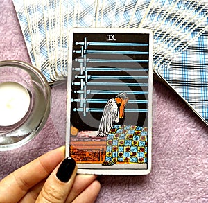 9 Nine of Swords Tarot Card Deep Unhappiness Joyless Mental Anguish Sick with Worry Anxiety Stress Worries Burdens