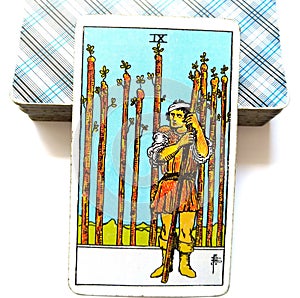 9 Nine of Wands Tarot Card Wariness Anxious Guarded,Wounded On The Look Out Expecting Trouble On Guard On Duty â€˜Old Soldierâ€™