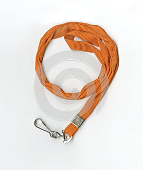 9. Orange flat braided cord with a metal closure for badge or key card