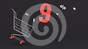 9 percent discount flying out of a shopping cart on a black background. Concept of discounts, black friday, online sales. 3d