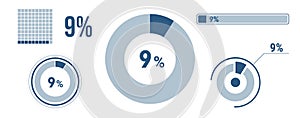 9% percentage infographic set. Nine circle diagram, pie donut chart, progress bar. 9 percent loading data icon. Vector concept