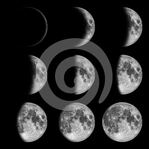 9 phases from new to full Moon, Lunar on dark nigh