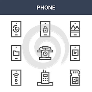 9 phone icons pack. trendy phone icons on white background. thin outline line icons such as sim card, smartphone, lock . phone