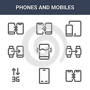 9 phones and mobiles icons pack. trendy phones and mobiles icons on white background. thin outline line icons such as broken