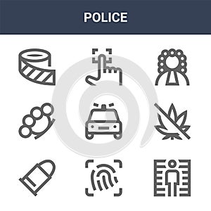 9 police icons pack. trendy police icons on white background. thin outline line icons such as height ruker, no drugs, fingerprint