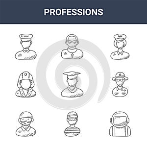 9 professions icons pack. trendy professions icons on white background. thin outline line icons such as astronaut, farmer, priest