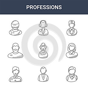 9 professions icons pack. trendy professions icons on white background. thin outline line icons such as manager, businesswoman,