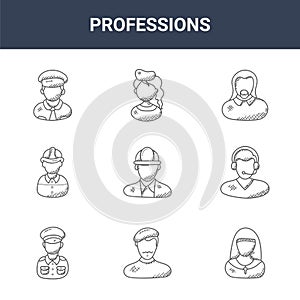 9 professions icons pack. trendy professions icons on white background. thin outline line icons such as nun, phone operator, air