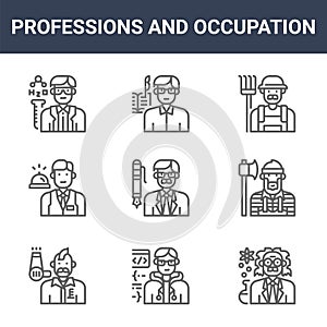 9 professions and occupation icons pack. trendy professions and occupation icons on white background. thin outline line icons such