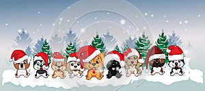 9 puppies of different breeds in red hats with white pompons on the background of the winter landscape.