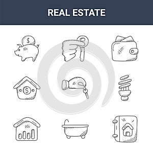 9 real estate icons pack. trendy real estate icons on white background. thin outline line icons such as real estate, led bulb,