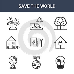 9 save the world icons pack. trendy save the world icons on white background. thin outline line icons such as lightbulb, house,