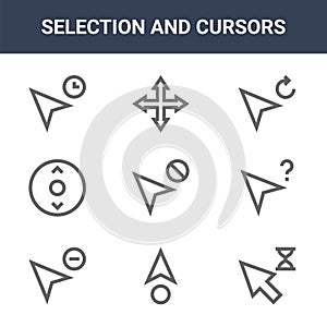 9 selection and cursors icons pack. trendy selection and cursors icons on white background. thin outline line icons such as cursor