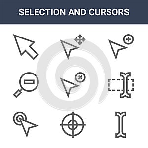 9 selection and cursors icons pack. trendy selection and cursors icons on white background. thin outline line icons such as cursor