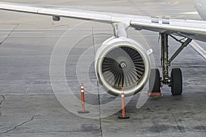 9 September 2019 - Calgary , Alberta Canada - Airplane Jet Engine Warming up on tarmac