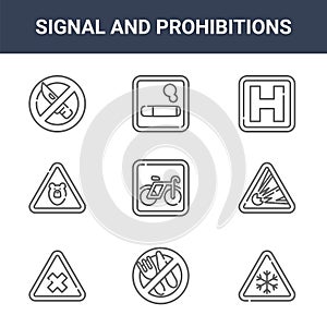 9 signal and prohibitions icons pack. trendy signal and prohibitions icons on white background. thin outline line icons such as