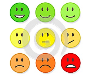 9 Smileys Mood Color on White, Stock Vector Illustration