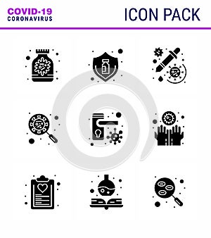 9 Solid Glyph Black Coronavirus Covid19 Icon pack such as interfac, devirus, bottle, scan virus, vaccine