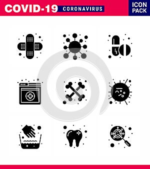 9 Solid Glyph Black coronavirus epidemic icon pack suck as skeleton, bones, medicine, services, medical