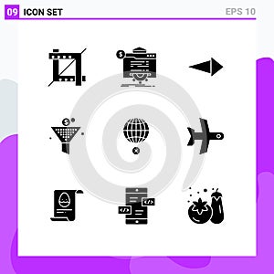 9 Solid Glyph concept for Websites Mobile and Apps globe, earth, arrow, return on investment, funel