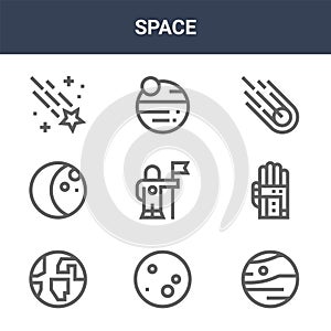 9 space icons pack. trendy space icons on white background. thin outline line icons such as mars, glove, planets . space icon set