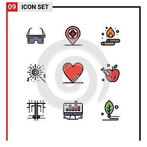 9 Thematic Vector Filledline Flat Colors and Editable Symbols of love, heart, droop, birthday, bengal