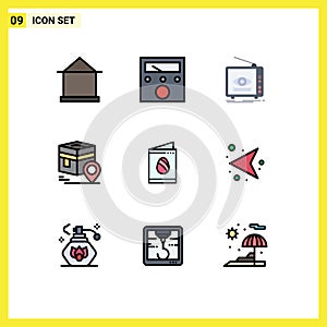 9 Thematic Vector Filledline Flat Colors and Editable Symbols of muslim, pin, ad, kaba, tv