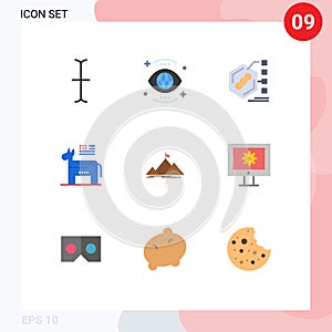 9 Thematic Vector Flat Colors and Editable Symbols of mountain, symbol, biochemical, political, donkey