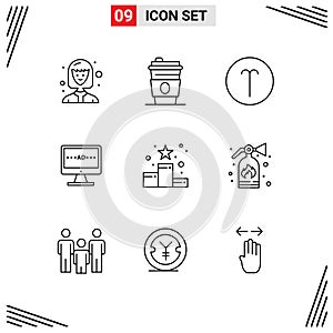 9 Thematic Vector Outlines and Editable Symbols of position star, achievement, symbolism, lcd, television