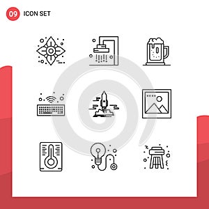 9 Thematic Vector Outlines and Editable Symbols of publish, wireless, alcoholparty, keyboard, jar