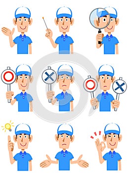 9 types of poses and facial expressions for the upper body of a male staff member wearing a short-sleeved polo shirt and a hat
