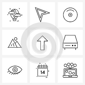 9 Universal Line Icon Pixel Perfect Symbols of cd, up, powerlift, arrow, mountain