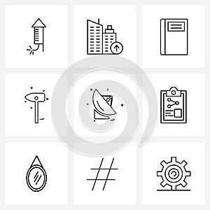 9 Universal Line Icon Pixel Perfect Symbols of dish TV, tools, address, hammer tools, hammer