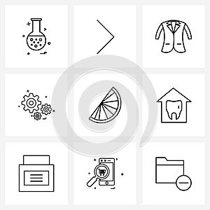 9 Universal Line Icon Pixel Perfect Symbols of meal, lemon, garments, engine, setting