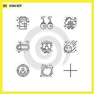 9 Universal Outlines Set for Web and Mobile Applications home, switch, fashion, button, services