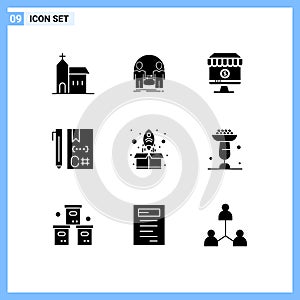 9 Universal Solid Glyph Signs Symbols of coding, c, identity, commerce, computer