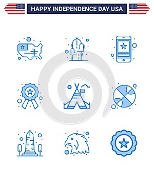 9 USA Blue Pack of Independence Day Signs and Symbols of tent free; star; cell; police; phone